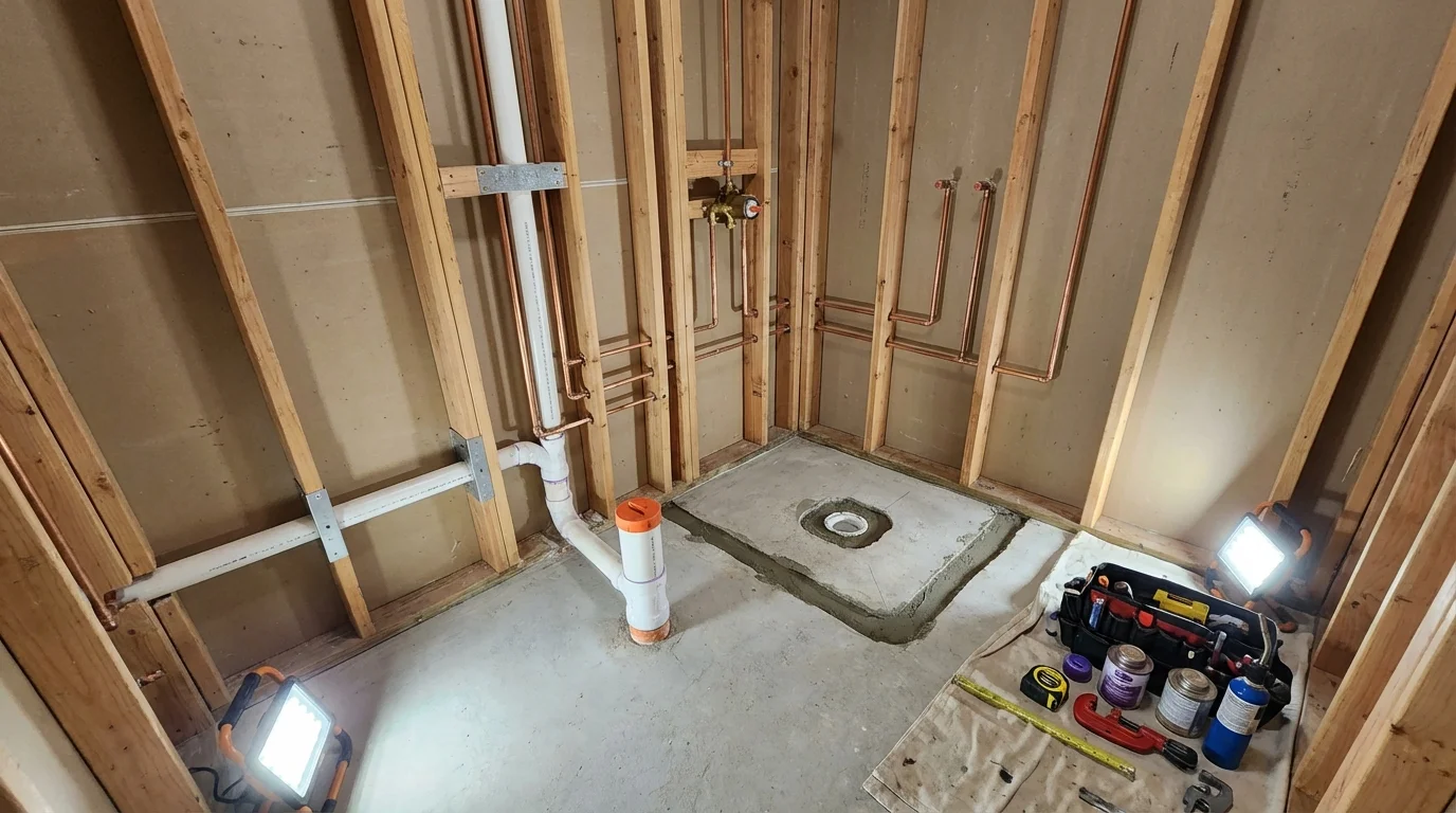 Bathroom rough-in plumbing during remodel by Johns Plumbing LLC in Aberdeen