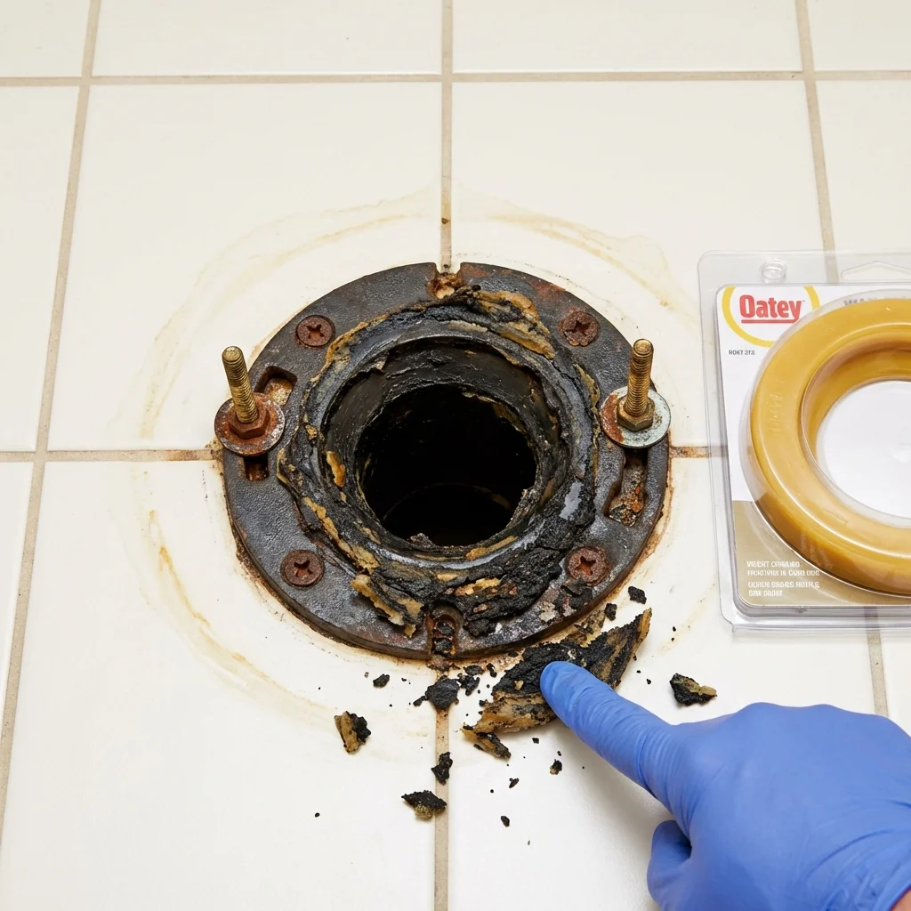 Failed wax ring showing water seepage at the base of a toilet in a Aberdeen, NC home