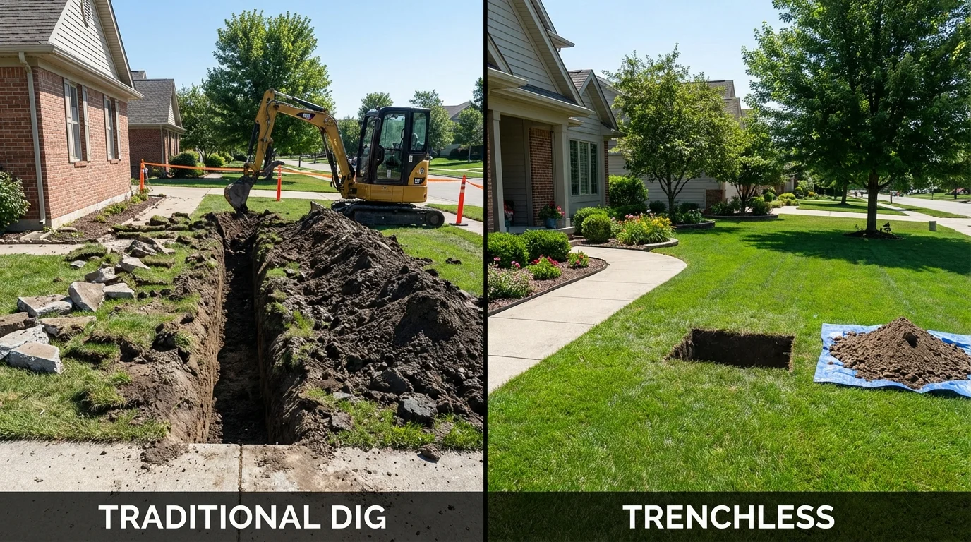 Trenchless sewer repair with minimal yard damage versus traditional excavation in Aberdeen, NC